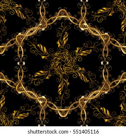 Seamless vintage pattern on dark blue background with golden elements. Christmas, snowflake, new year.