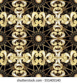 Seamless vintage pattern on dark blue background with golden elements. Christmas, snowflake, new year.
