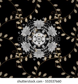 Seamless vintage pattern on dark blue background with golden elements. Christmas, snowflake, new year.