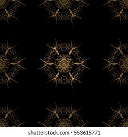 Seamless vintage pattern on dark blue background with golden elements. Christmas, snowflake, new year. Radial gradient shape.
