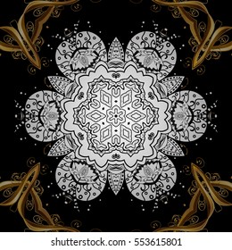 Seamless vintage pattern on dark blue background with golden elements. Christmas, snowflake, new year. Radial gradient shape.