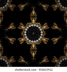 Seamless vintage pattern on dark blue background with golden elements. Christmas, snowflake, new year. Radial gradient shape.