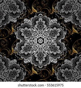 Seamless vintage pattern on dark blue background with golden elements. Christmas, snowflake, new year. Radial gradient shape.