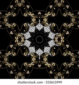 Seamless vintage pattern on dark blue background with golden elements. Christmas, snowflake, new year. Radial gradient shape.