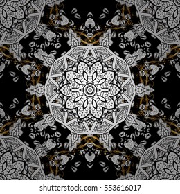 Seamless vintage pattern on dark blue background with golden elements. Christmas, snowflake, new year. Radial gradient shape.