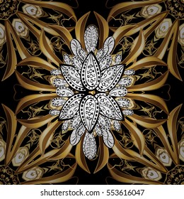 Seamless vintage pattern on dark blue background with golden elements. Christmas, snowflake, new year. Radial gradient shape.