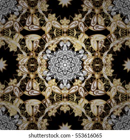 Seamless vintage pattern on dark blue background with golden elements. Christmas, snowflake, new year. Radial gradient shape.