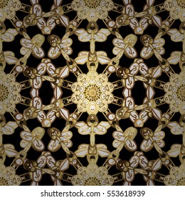 Seamless vintage pattern on dark blue background with golden elements. Christmas, snowflake, new year. Radial gradient shape.