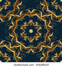 Seamless vintage pattern on dark blue background with golden elements. Snowflakes, New Year, Christmas
