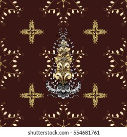 Seamless vintage pattern on dark brown background with golden elements.