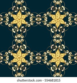 Seamless vintage pattern on dark blue background with golden elements. Snowflake, New Year, Christmas.