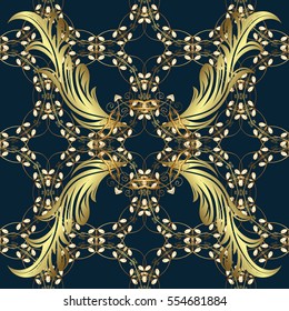 Seamless vintage pattern on dark blue background with golden elements. Snowflake, New Year, Christmas.