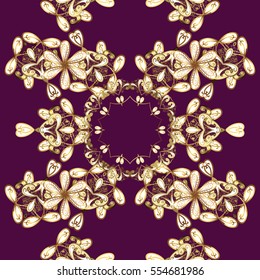 Seamless vintage pattern on dark pink background with golden elements. Snowflake, New Year, Christmas