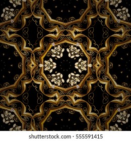 Seamless vintage pattern on dark blue background with golden elements. Christmas, snowflake, new year.
