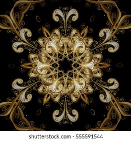 Seamless vintage pattern on dark background with golden elements. Christmas, snowflake, new year.