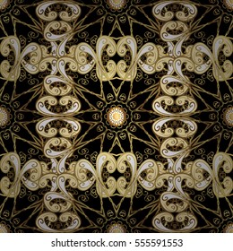 Seamless vintage pattern on dark background with golden elements. Christmas, snowflake, new year.