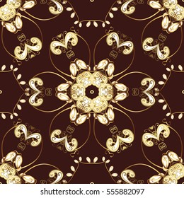 Seamless vintage pattern on dark brown background with golden elements. Christmas, snowflake, new year. vector illustration texture.