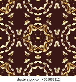 Seamless vintage pattern on dark brown background with golden elements. Christmas, snowflake, new year. vector illustration texture.