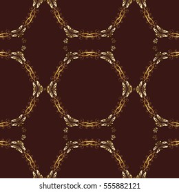Seamless vintage pattern on dark brown background with golden elements. vector illustration texture.