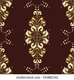 Seamless vintage pattern on dark brown background with golden elements. Christmas, snowflake, new year. vector illustration texture.