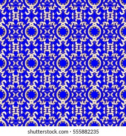 Seamless vintage pattern on dark blue background with golden elements. Christmas, snowflake, new year. vector illustration texture.