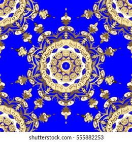 Seamless vintage pattern on dark blue background with golden elements. Christmas, snowflake, new year. vector illustration texture.