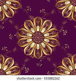 Seamless vintage pattern on dark pink and lilac background with golden elements. Christmas, snowflake, new year. vector illustration texture.