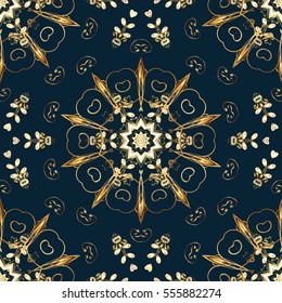 Seamless vintage pattern on dark blue background with golden elements. Christmas, snowflake, new year. vector illustration texture.