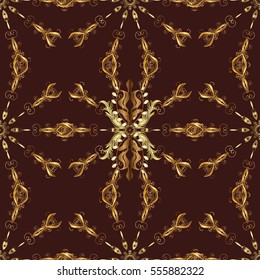 Seamless vintage pattern on dark brown background with golden elements. Christmas, snowflake, new year. vector illustration texture.