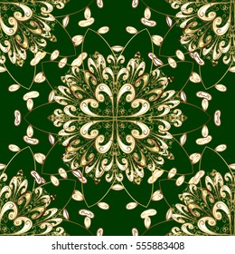 Seamless vintage pattern on dark green background with golden elements. Christmas, snowflake, new year. vector illustration texture.