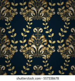 Seamless vintage pattern on dark blue background with golden elements. Christmas, snowflake, new year. Radial gradient shape.