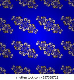 Seamless vintage pattern on dark blue background with golden elements. Christmas, snowflake, new year. Radial gradient shape.