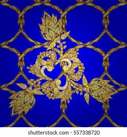 Seamless vintage pattern on dark blue background with golden elements. Christmas, snowflake, new year. Radial gradient shape.