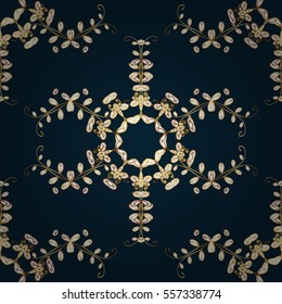 Seamless vintage pattern on dark blue background with golden elements. Christmas, snowflake, new year. Radial gradient shape.