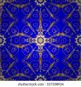 Seamless vintage pattern on dark blue background with golden elements. Christmas, snowflake, new year. Radial gradient shape.