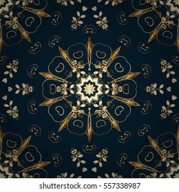 Seamless vintage pattern on dark blue background with golden elements. Christmas, snowflake, new year. Radial gradient shape.