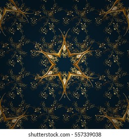 Seamless vintage pattern on dark blue background with golden elements. Christmas, snowflake, new year. Radial gradient shape.
