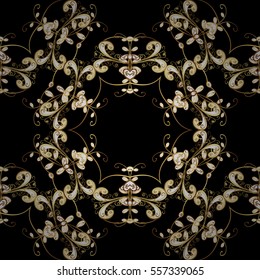 Seamless vintage pattern on dark blue background with golden elements. Christmas, snowflake, new year. Radial gradient shape.