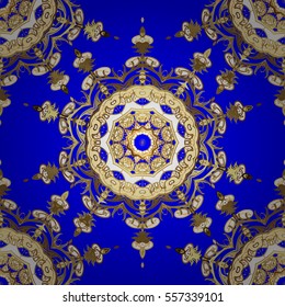 Seamless vintage pattern on dark blue background with golden elements. Christmas, snowflake, new year. Radial gradient shape.