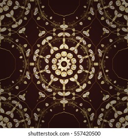 Seamless vintage pattern on dark blue background with golden elements. Christmas, snowflake, new year. Radial gradient shape.