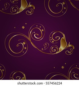 Seamless vintage pattern on dark lilac background with golden elements. Christmas, snowflake, new year. Radial gradient shape.
