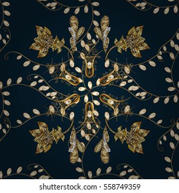 Seamless vintage pattern on dark blue background with golden elements. Radial gradient shape.