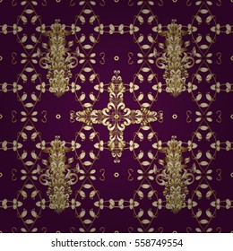 Seamless vintage pattern on dark pink background with golden elements. Radial gradient shape.