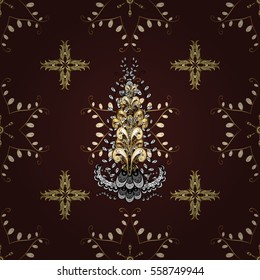 Seamless vintage pattern on dark brown background with golden elements. Radial gradient shape.
