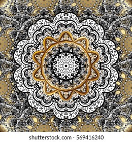 Seamless vintage pattern on dark background with golden and white elements. Christmas, snowflake, new year.