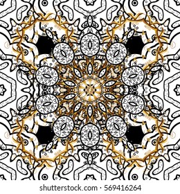 Seamless vintage pattern on dark background with golden and white elements. Christmas, snowflake, new year.