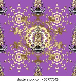 Seamless vintage pattern on dark pink and lilac background with golden elements.