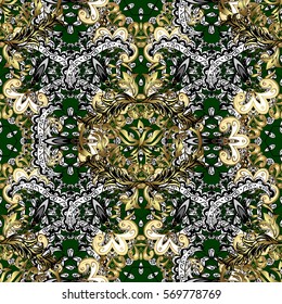 Seamless vintage pattern on dark green background with golden elements.