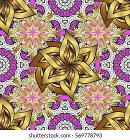 Seamless vintage pattern on dark pink and lilac background with golden elements. Petals flowers.