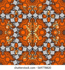 Seamless vintage pattern on dark orange background with golden elements.